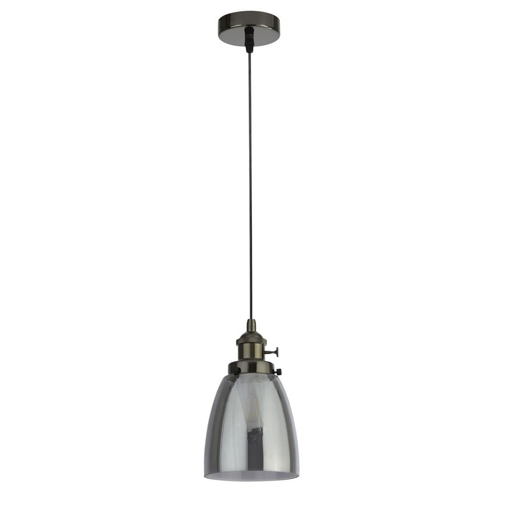 Lampa wisząca Camden 1-punktowa w kolorze czarnym i przydymionym, z metalowym stelażem. Posiada klosz w kształcie dzwonu, zawieszona na cienkim przewodzie, montowana na suficie. Wnętrze klosza widoczne, z miejscem na żarówkę.