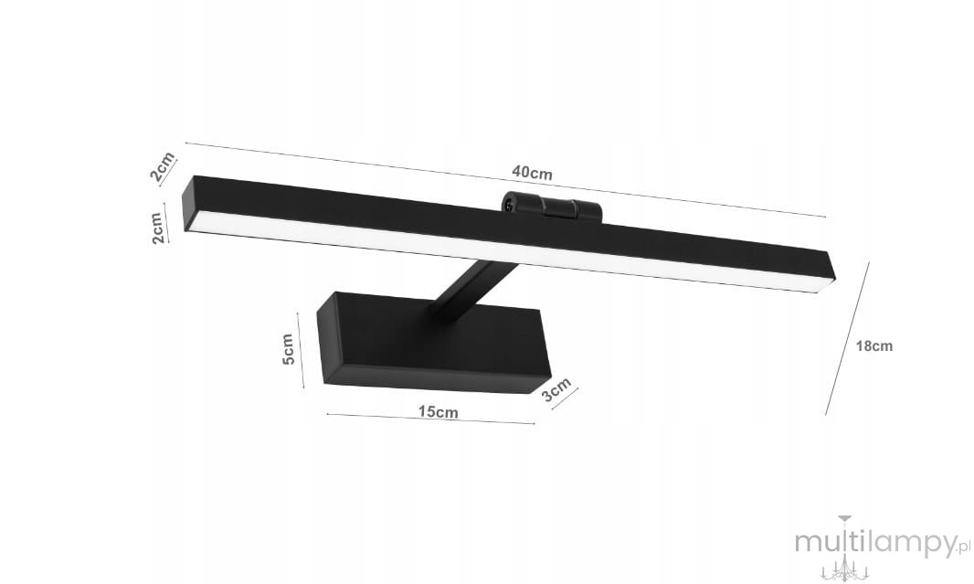 Kinkiet łazienkowy LED Lappa w kolorze czarnym, o wymiarach 40 cm długości, 2 cm szerokości i 18 cm wysokości. Prosty, prostokątny kształt z białą linią LED. Montowany na ścianie, z widoczną podstawą 15 cm x 3 cm.