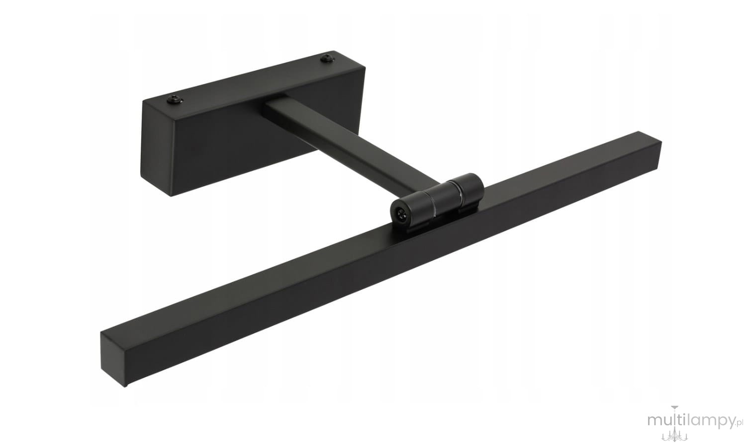 Kinkiet łazienkowy LED Lappa w kolorze czarnym, o wymiarach 60 cm, z prostokątnym, matowym korpusem i poziomą lampą. Ujęcie z boku, ukazujące mechanizm regulacji oraz mocowanie. Idealny do oświetlenia obrazów w łazience lub innych przestrzeniach.