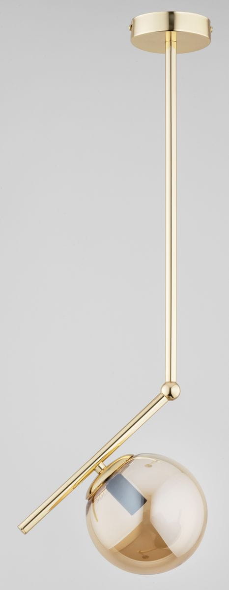 Lampa wisząca Liberty 1-punktowa w kolorze złotym, z okrągłym kloszem i prostym, metalowym ramieniem. Produkt zawieszony na długim przewodzie, prezentujący nowoczesny design. Idealna do aranżacji wnętrz.