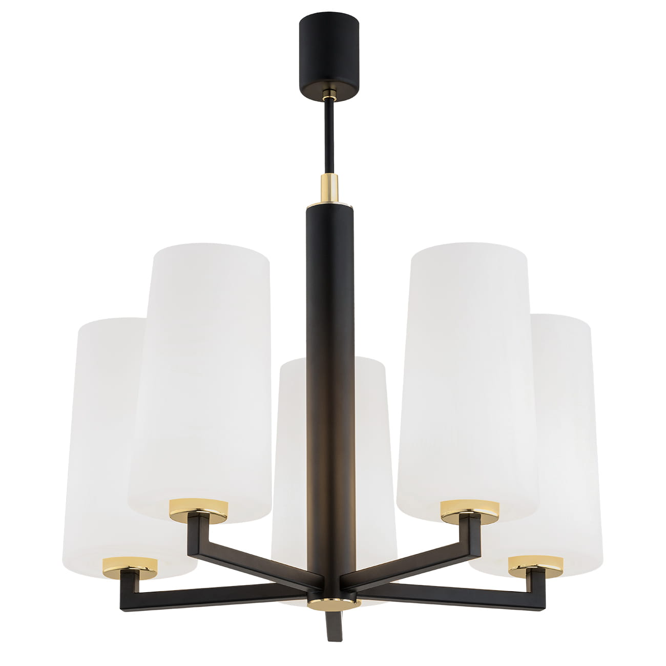 Lampa wisząca Camelot Plus, pięciopunktowa, w kolorze czarnym. Posiada matowe, białe klosze w kształcie cylindrów z metalowymi detalami w kolorze złotym. Ujęcie z dołu, ukazujące elegancki design oraz położenie kloszy na ramionach.