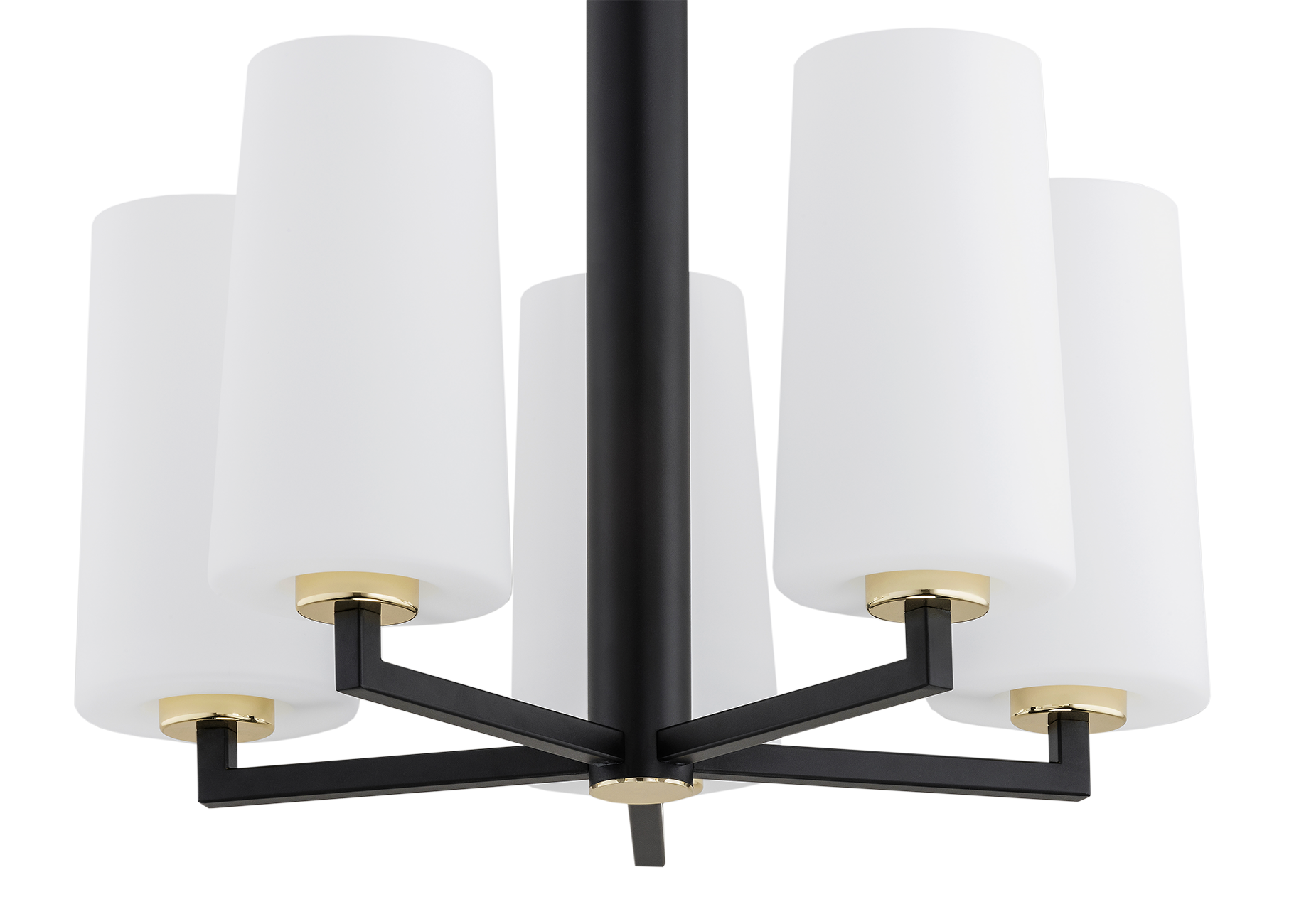 Lampa wisząca Camelot Plus 5-punktowa w kolorze czarnym. Posiada pięć białych, cylindrycznych kloszy z matowego szkła na złotych podstawach. Ujęcie z dołu, pokazujące konstrukcję z czarnych metalowych ramion.
