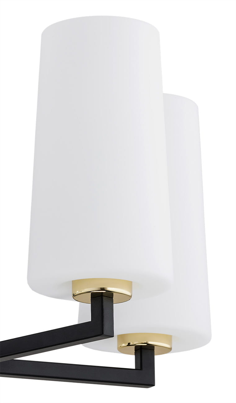 Lampa wisząca Camelot Plus, 5-punktowa, w kolorze czarnym. Posiada białe klosze o cylindrycznym kształcie, mocowane na złotych elementach. Produkt przedstawiony z góry, ukazujący detale mocowania oraz fakturę materiału.