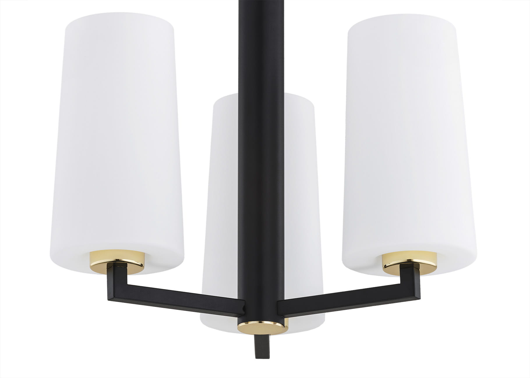 Czarna lampa wisząca Camelot Plus 3-punktowa z białymi, cylindrycznymi kloszami. Ujęcie frontalne, z widocznymi złotymi detalami przy mocowaniach. Elegancka konstrukcja z metalowym stelażem, idealna do nowoczesnych wnętrz.