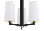Czarna lampa wisząca Camelot Plus 3-punktowa z białymi, cylindrycznymi kloszami. Ujęcie frontalne, z widocznymi złotymi detalami przy mocowaniach. Elegancka konstrukcja z metalowym stelażem, idealna do nowoczesnych wnętrz.