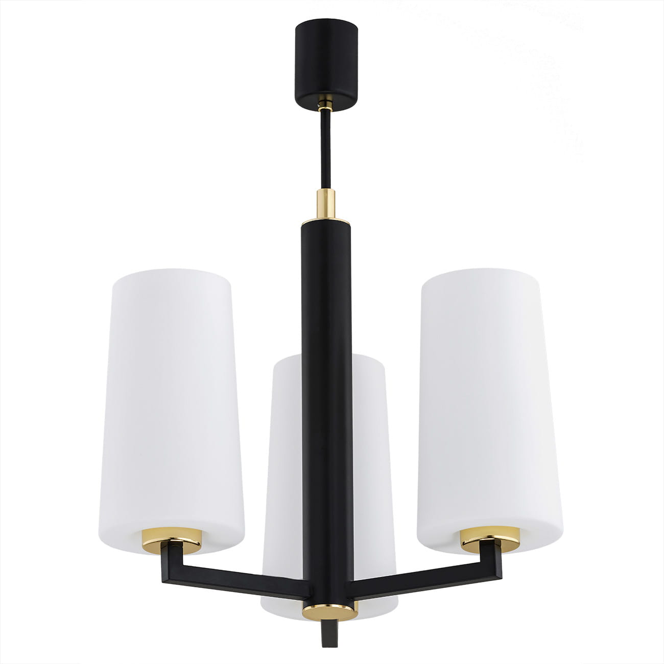 Lampa wisząca 3-punktowa Camelot Plus w kolorze czarnym. Posiada trzy białe klosze o cylindrycznym kształcie z złotymi detalami. Ujęcie frontalne, produkt wiszący z centralnym mocowaniem. Idealna do nowoczesnych wnętrz.