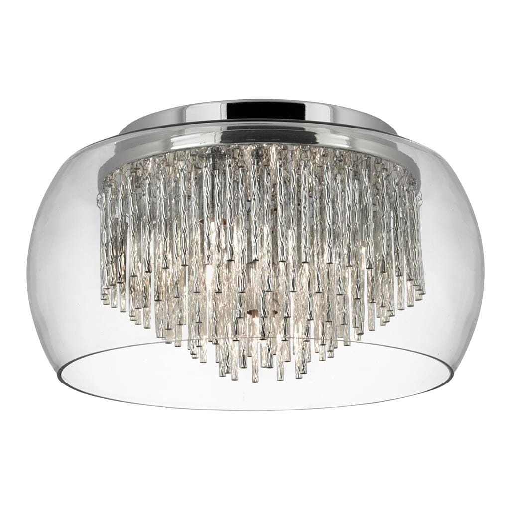 Lampa sufitowa Curva 4-punktowa w chromowanej obudowie z przezroczystym kloszem. Posiada wiszące, szklane elementy w formie cienkich prętów. Ujęcie z dołu, ukazujące detale konstrukcji i efekt świetlny.