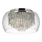 Lampa sufitowa Curva 4-punktowa w chromowanej obudowie z przezroczystym kloszem. Posiada wiszące, szklane elementy w formie cienkich prętów. Ujęcie z dołu, ukazujące detale konstrukcji i efekt świetlny.