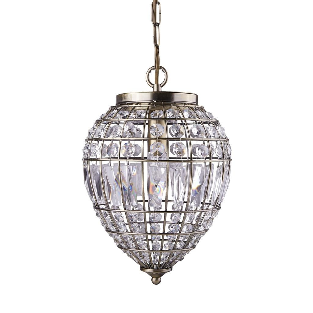 Lampa wisząca Pineapple w stylu antycznego mosiądzu, z metalową siatką i kryształowymi detalami. Okrągły kształt, zawieszona na łańcuchu, idealna do nowoczesnych wnętrz. Wymiary: średnica około 30 cm.