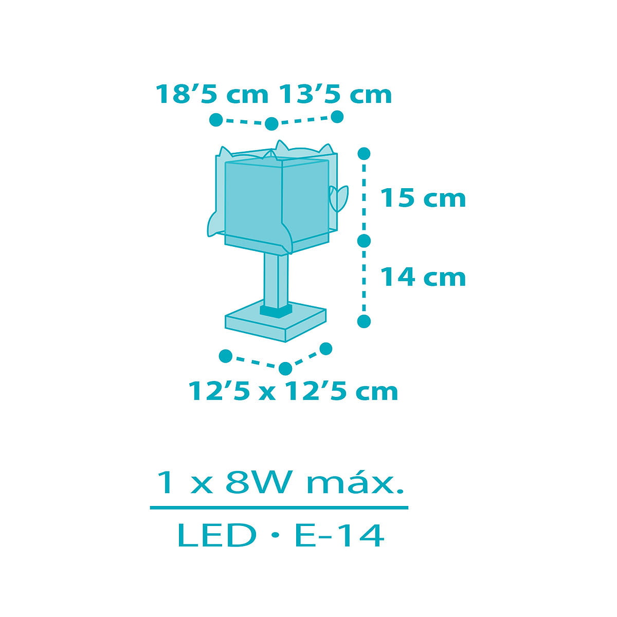 Mała Sowa lampka nocna 1-punktowa, w kolorze jasnoniebieskim, z kształtem sowy na kwadratowym stelażu. Wymiary: 18,5 cm wysokości, 12,5 x 12,5 cm podstawy. Zasilanie LED, maksymalna moc 8W, gniazdo E-14. Idealna do pokoju dziecięcego.