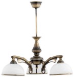 Hermes żyrandol 3-punktowy O3163 W3 PAT. w stylu klasycznym, z metalową konstrukcją w kolorze antycznego złota, posiada trzy białe klosze w kształcie misek. Ujęcie frontalne, wiszący, z dekoracyjnymi detalami w formie zdobień na ramionach.