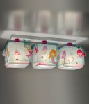 Lampa sufitowa 3-punktowa Syreny z przezroczystymi kloszami, zdobiona ilustracjami syren w różnych kolorach. Klosze mają prostokątny kształt, zamontowane na metalowej podstawie. Oświetlenie idealne do pokoju dziecięcego.