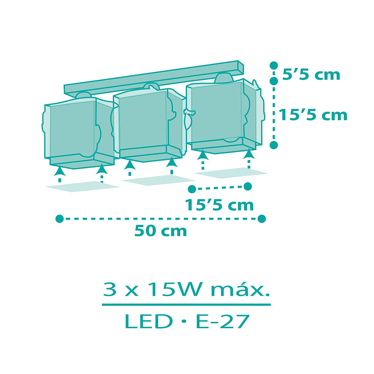 Lampa sufitowa Syreny 3-punktowa, o wymiarach 50 cm długości i 15,5 cm szerokości, z trzema kwadratowymi kloszami. Klosze zawieszone na prostokątnej podstawie, przeznaczona do żarówek LED E-27, maksymalna moc 3 x 15W.
