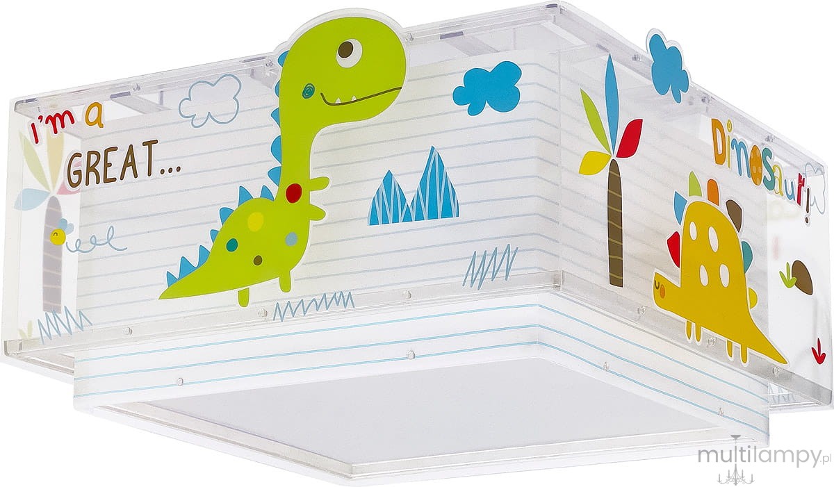 Plafon 2-punktowy Dinozaury w kolorze przezroczystym z zielonym dinozaurem i kolorowymi dekoracjami. Produkt ma kwadratowy kształt, widoczne napisy oraz elementy graficzne jak chmury i drzewa. Zawieszony pod sufitem, idealny do pokoju dziecięcego.