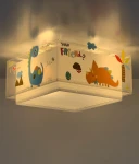 Plafon 2-punktowy Dinozaury w kształcie sześciokąta, z kolorowymi ilustracjami dinozaurów, chmur i roślin. Transparentne boki, z napisem your friend? oraz rysunkami na tle białym. Produkt zamontowany na suficie.