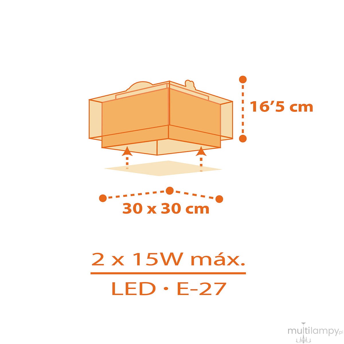 Plafon 2-punktowy Dinozaury o wymiarach 30 x 30 cm, wysokość 16,5 cm. Zastosowanie dwóch żarówek LED E-27, maksymalna moc 15W. Kształt prostokątny, w kolorze pomarańczowym z motywem dinozaurów.