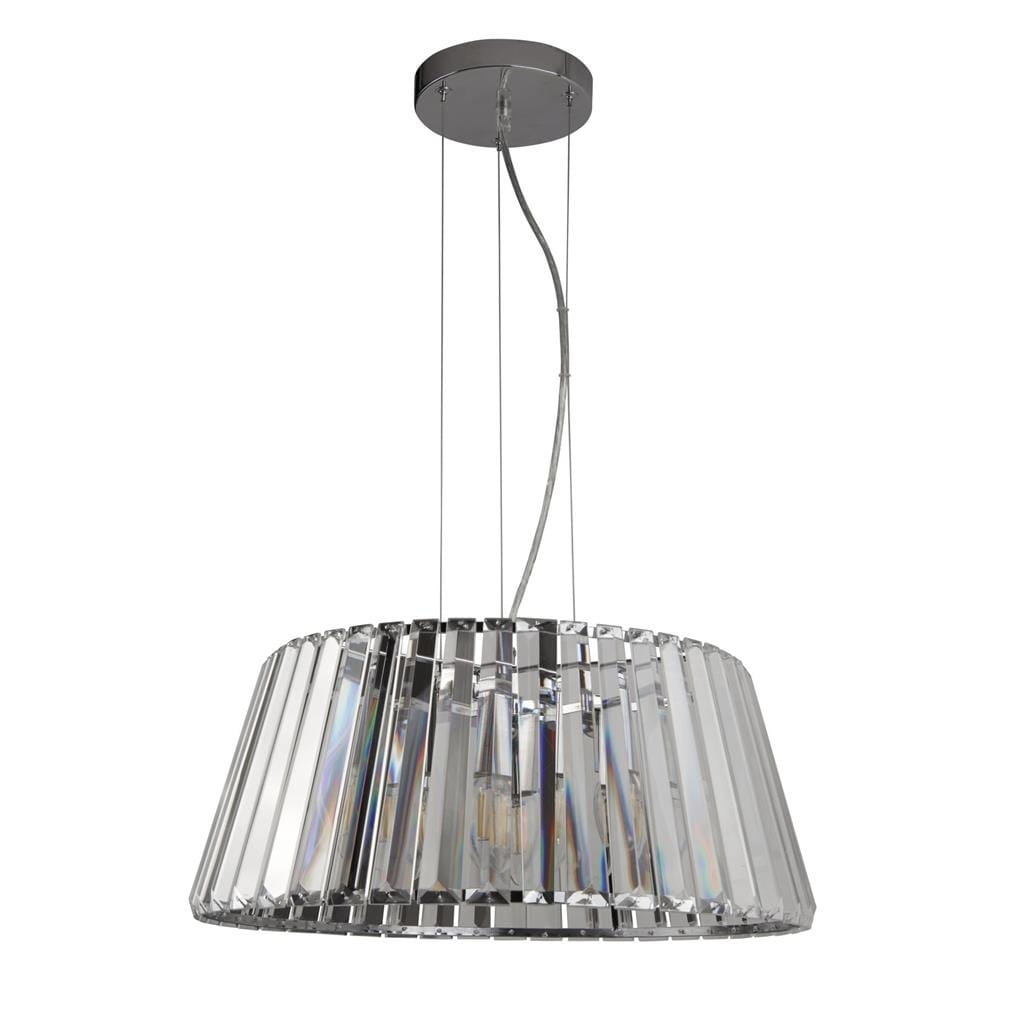 Lampa wisząca Tiara 5-punktowa w chromie i przezroczystym tworzywie, z szerokim kloszem w formie stożka, zawieszona na cienkich linkach. Klosz ma teksturowaną powierzchnię, odbijającą światło. Idealna do nowoczesnych wnętrz.
