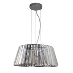 Lampa wisząca Tiara 5-punktowa w chromie i przezroczystym tworzywie, z szerokim kloszem w formie stożka, zawieszona na cienkich linkach. Klosz ma teksturowaną powierzchnię, odbijającą światło. Idealna do nowoczesnych wnętrz.