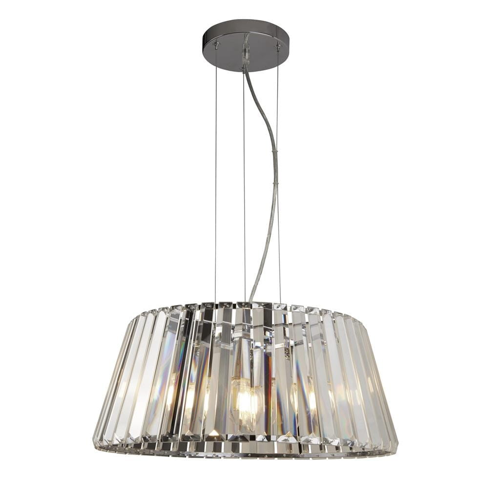 Lampa wisząca Tiara 5-punktowa w kolorze chromu z przezroczystym kloszem. Zawieszona na cienkich linkach, ma cylindryczny kształt z poziomymi szczelinami, które tworzą efekt świetlny. Idealna do nowoczesnych wnętrz.