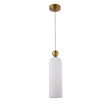 Lampa wisząca Piega 1-punktowa w kolorze patynowym i białym, z okrągłym złotym mocowaniem. Klosz w formie prostokątnej kolumny z żłobieniami, zawieszony na białym przewodzie. Idealna do nowoczesnych wnętrz.