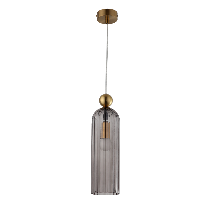 Lampa wisząca Piega 1-punktowa w kolorze patyna/dymiony, z cylindrycznym kloszem z przezroczystego, teksturowanego szkła. Zawieszona na białym przewodzie, z metalowym mocowaniem sufitowym w odcieniu złotym. Idealna do nowoczesnych wnętrz.
