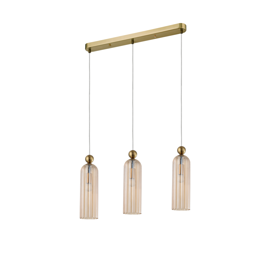 Lampa wisząca Piega 3-punktowa w kolorze patynowym z trzema bursztynowymi kloszami w stylu vintage. Klosze mają prosty, cylindryczny kształt i pionowe żłobienia, zawieszone na cienkich kablach. Montaż sufitowy, idealna do nowoczesnych wnętrz.