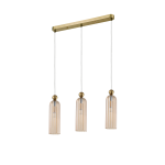 Lampa wisząca Piega 3-punktowa w kolorze patynowym z trzema bursztynowymi kloszami w stylu vintage. Klosze mają prosty, cylindryczny kształt i pionowe żłobienia, zawieszone na cienkich kablach. Montaż sufitowy, idealna do nowoczesnych wnętrz.
