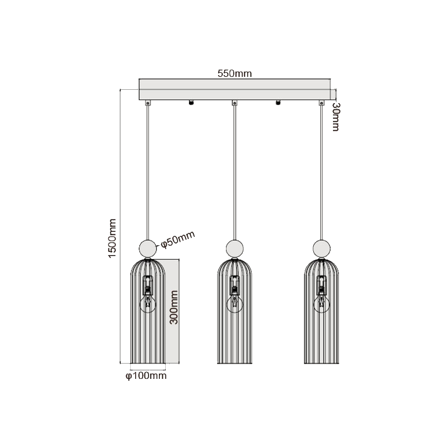 Lampa wisząca Piega 3-punktowa w kolorze patyny i bursztynu. Składa się z trzech kloszy o średnicy 100 mm i wysokości 300 mm, zawieszonych na prostokątnej podsufitce o wymiarach 550x30 mm. Wysokość całkowita 1500 mm.