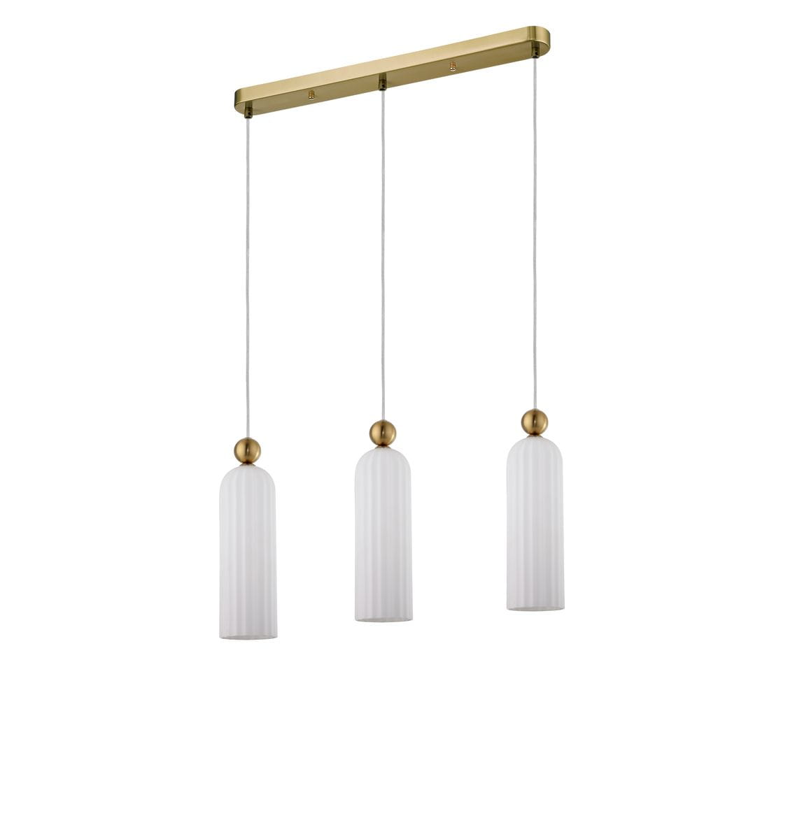 Lampa wisząca Piega 3-punktowa w kolorze patyny i białym, z trzema cylindrycznymi kloszami o fakturze pionowych rowków. Klosze zawieszone na cienkich, białych linkach, przymocowane do metalowego stelaża w kolorze złotym.
