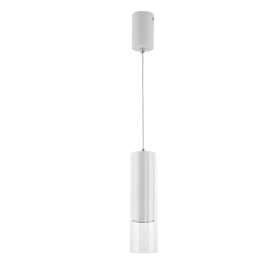 Lampa wisząca Manacor 1-punktowa w kolorze białym, o cylindrycznym kształcie. Posiada metalowy sufitowy uchwyt oraz przezroczysty klosz, zawieszona na cienkim przewodzie. Prosty design, idealna do nowoczesnych wnętrz.