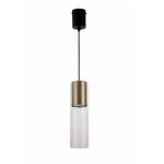 Czarna lampa wisząca 1-punktowa Manacor LP-232/1P GD z metalowym złotym detalem, zawieszona na czarnym przewodzie. Transparentny klosz w kształcie cylindra, o gładkiej fakturze, montowany na suficie.