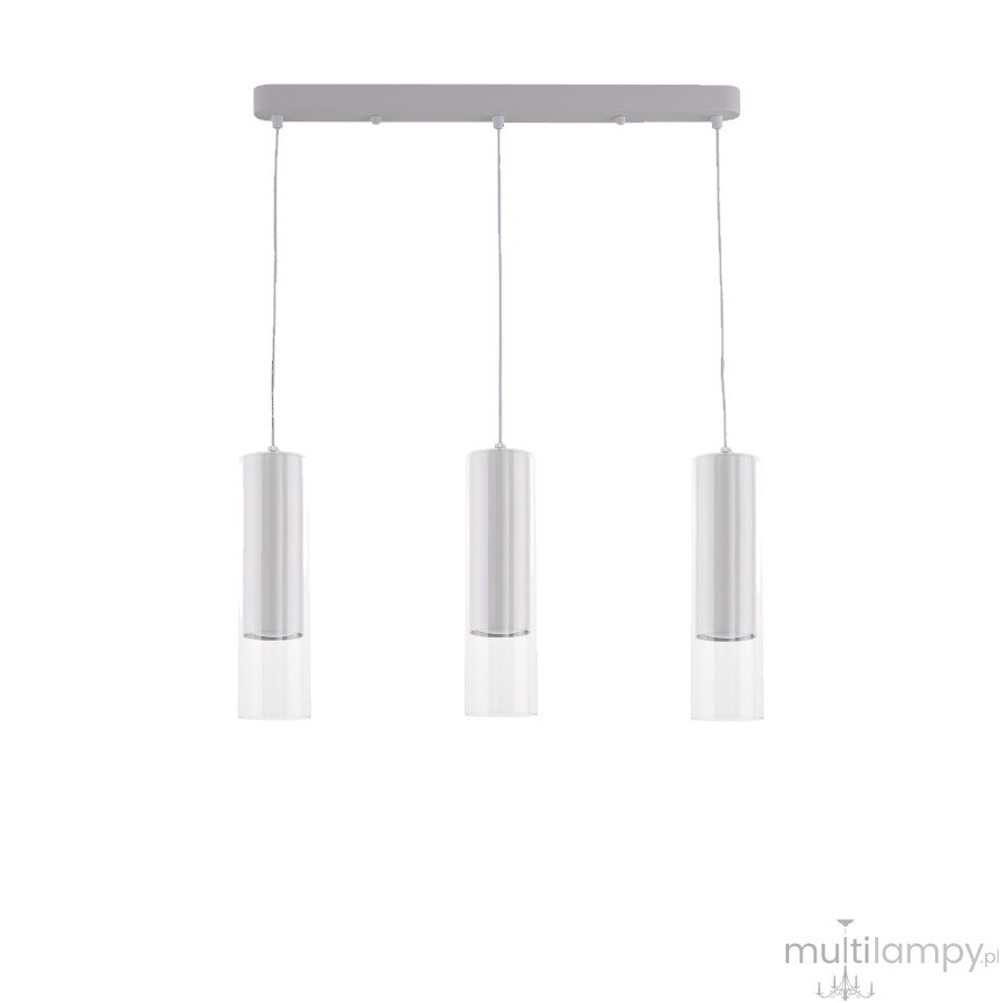 Lampa wisząca Manacor LP-232/3L WH w białym kolorze z trzema cylindrycznymi abażurami, zawieszona na prostokątnej, metalowej podstawie. Abażury mają przezroczystą dolną część i są zawieszone na cienkich linkach.