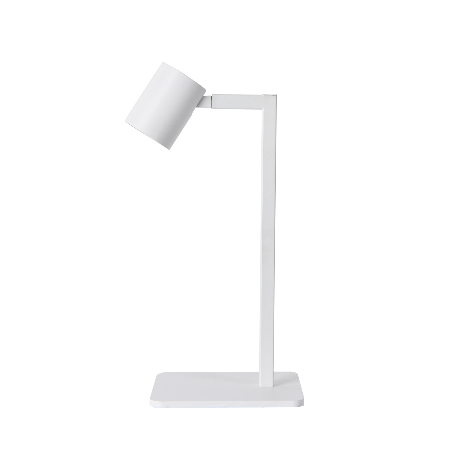 Biała lampa stołowa Snow LP-731/1T WH, z prostą, metalową podstawą i regulowanym kloszem w cylindrycznym kształcie. Ujęcie z boku, stojąca na płaskiej powierzchni. Idealna do biura lub wnętrz minimalistycznych.