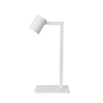 Biała lampa stołowa Snow LP-731/1T WH, z prostą, metalową podstawą i regulowanym kloszem w cylindrycznym kształcie. Ujęcie z boku, stojąca na płaskiej powierzchni. Idealna do biura lub wnętrz minimalistycznych.