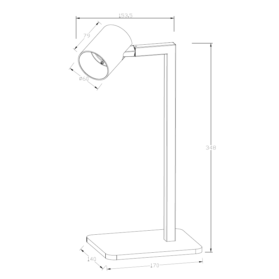 Lampa stołowa Snow 1-punktowa w kolorze czarnym, o minimalistycznym designie. Żyrandol z regulowanym kloszem o średnicy 60 mm, umocniony na prostym stelażu. Podstawa prostokątna o wymiarach 170x140 mm, wysokość 348 mm.