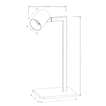 Lampa stołowa Snow 1-punktowa w kolorze czarnym, o minimalistycznym designie. Żyrandol z regulowanym kloszem o średnicy 60 mm, umocniony na prostym stelażu. Podstawa prostokątna o wymiarach 170x140 mm, wysokość 348 mm.