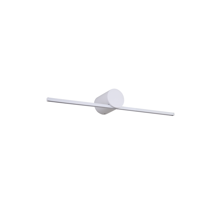 Biały kinkiet Modern Slim M LED IP44 z jednym punktem świetlnym. Okrągła baza z cienką, poziomą listwą LED o długości 40 cm i mocy 6W, emitującą ciepłe światło 3000K. Produkt montowany na ścianie, minimalistyczny design.