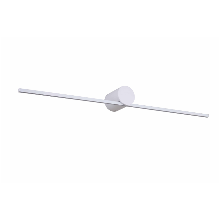 Kinkiet Modern Slim L LED IP44 w kolorze białym, z okrągłą podstawą i prostokątnym źródłem światła. Ujęcie frontalne, produkt zamontowany na ścianie, emituje światło o temperaturze 3000K. Idealny do nowoczesnych wnętrz.