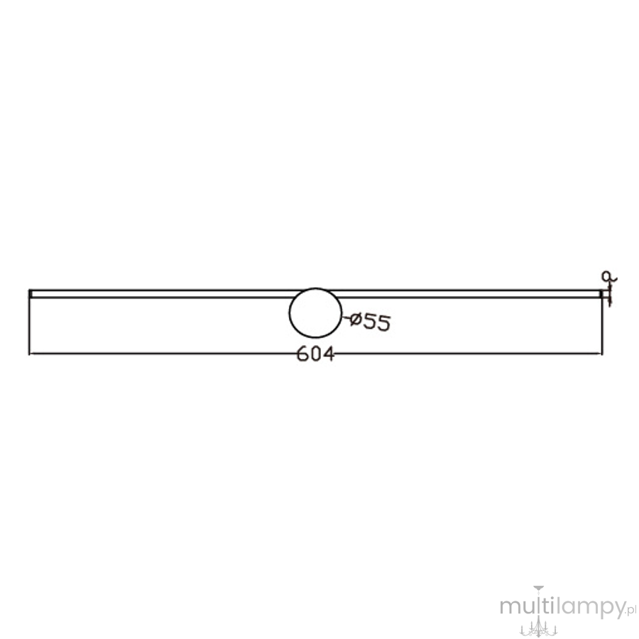 Kinkiet Modern Slim L LED IP44 w kolorze chromu, wymiar 604 mm długości, średnica 55 mm. Prosty, elegancki design, idealny do wnętrz. Ujęcie na białym tle, frontalnie, z widocznymi wymiarami.