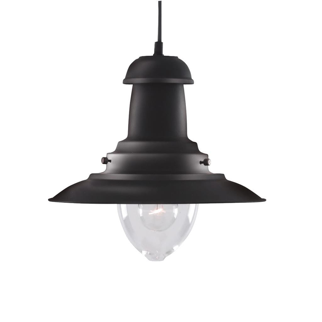 Czarna lampa wisząca Fisherman D32 z jednopunktowym źródłem światła, o zaokrąglonym kształcie, z metalowym kloszem i przezroczystą osłoną żarówki. Ujęcie frontalne, zawieszona na cienkim przewodzie.
