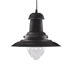 Czarna lampa wisząca Fisherman D32 z jednopunktowym źródłem światła, o zaokrąglonym kształcie, z metalowym kloszem i przezroczystą osłoną żarówki. Ujęcie frontalne, zawieszona na cienkim przewodzie.
