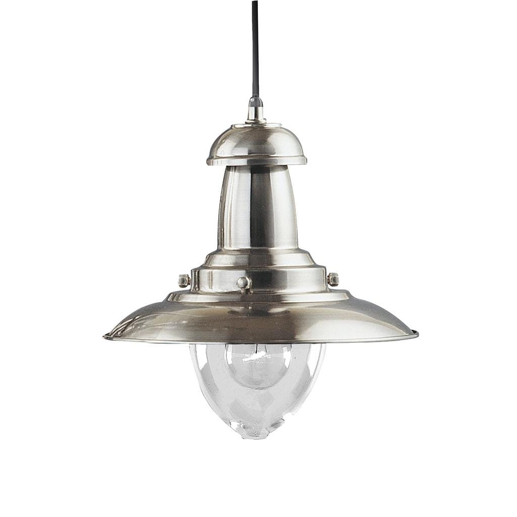 Lampa wisząca Fisherman D32 w kolorze satynowego srebra, z metalowym kloszem i przezroczystym szkłem, zawieszona na czarnym przewodzie. Kształt stożkowaty z szerokim daszkiem, z widoczną żarówką w centralnej części.
