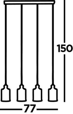 Lampa wisząca 4-punktowa Pipes w kolorze antycznego mosiądzu. Cztery zawieszone oprawy oświetleniowe w równych odstępach, zamocowane na prostokątnej podsufitce. Wymiary: szerokość 77 cm, wysokość 150 cm.
