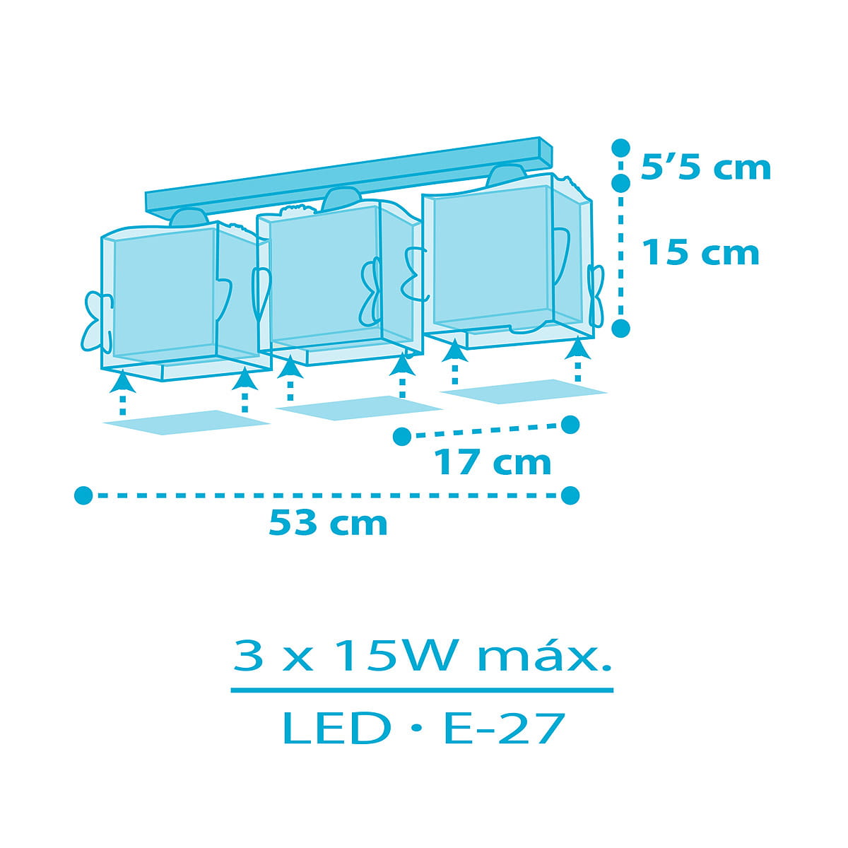 Lampa sufitowa 3-punktowa Rekiny z trzema kwadratowymi kloszami, w kolorze niebieskim, z mocowaniem na stelażu o wymiarach 53 cm długości, 17 cm wysokości. Przeznaczona do żarówek LED E-27, maksymalna moc 3 x 15W.