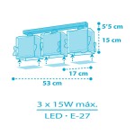 Lampa sufitowa 3-punktowa Rekiny z trzema kwadratowymi kloszami, w kolorze niebieskim, z mocowaniem na stelażu o wymiarach 53 cm długości, 17 cm wysokości. Przeznaczona do żarówek LED E-27, maksymalna moc 3 x 15W.