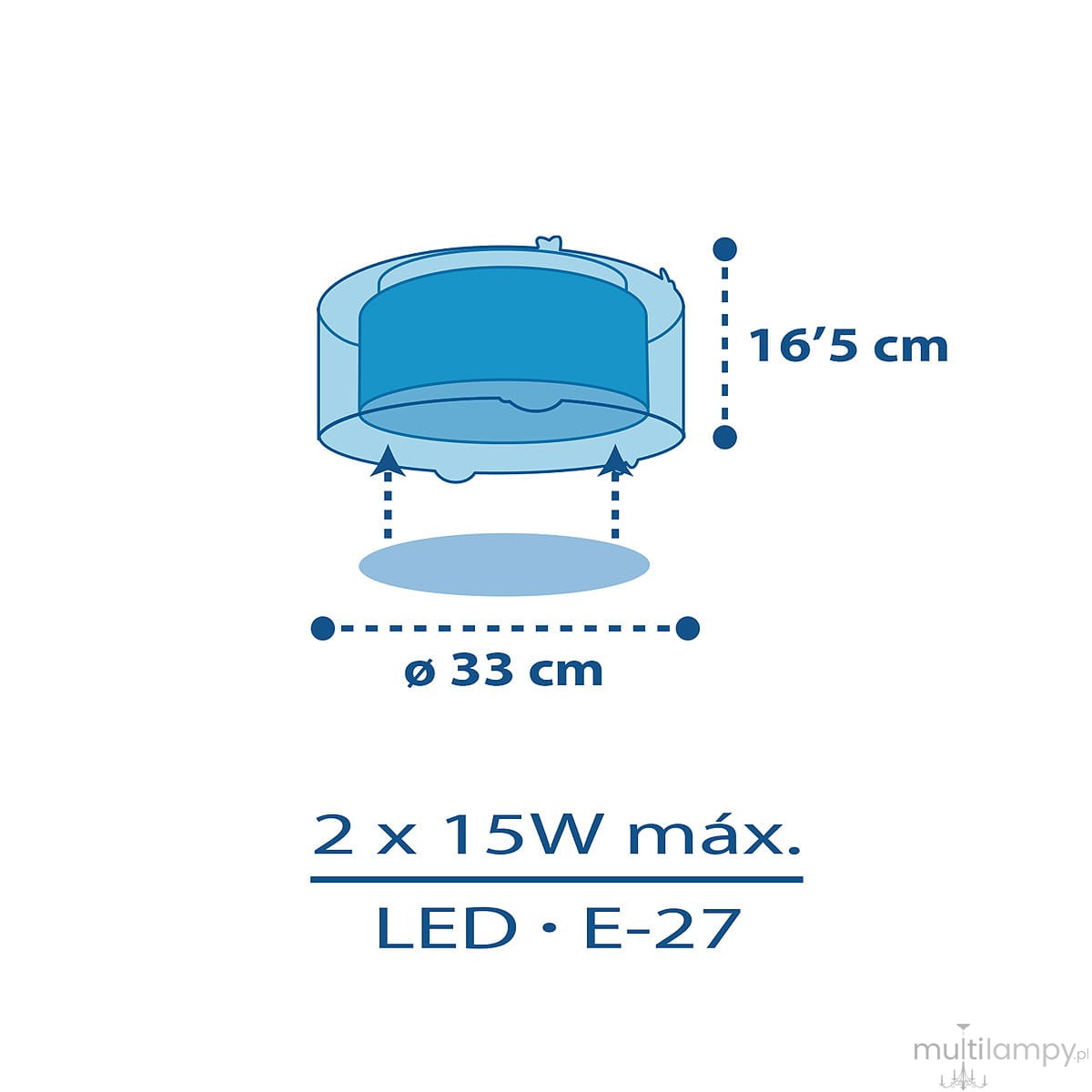 Plafon Planety 2-punktowy, okrągły, średnica 33 cm i wysokość 16,5 cm. Przeznaczony do żarówek LED E-27, maksymalna moc 2 x 15W. Prosty design, montowany na suficie, w kolorze przezroczystym.