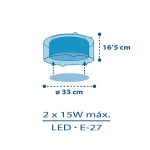 Plafon Planety 2-punktowy, okrągły, średnica 33 cm i wysokość 16,5 cm. Przeznaczony do żarówek LED E-27, maksymalna moc 2 x 15W. Prosty design, montowany na suficie, w kolorze przezroczystym.