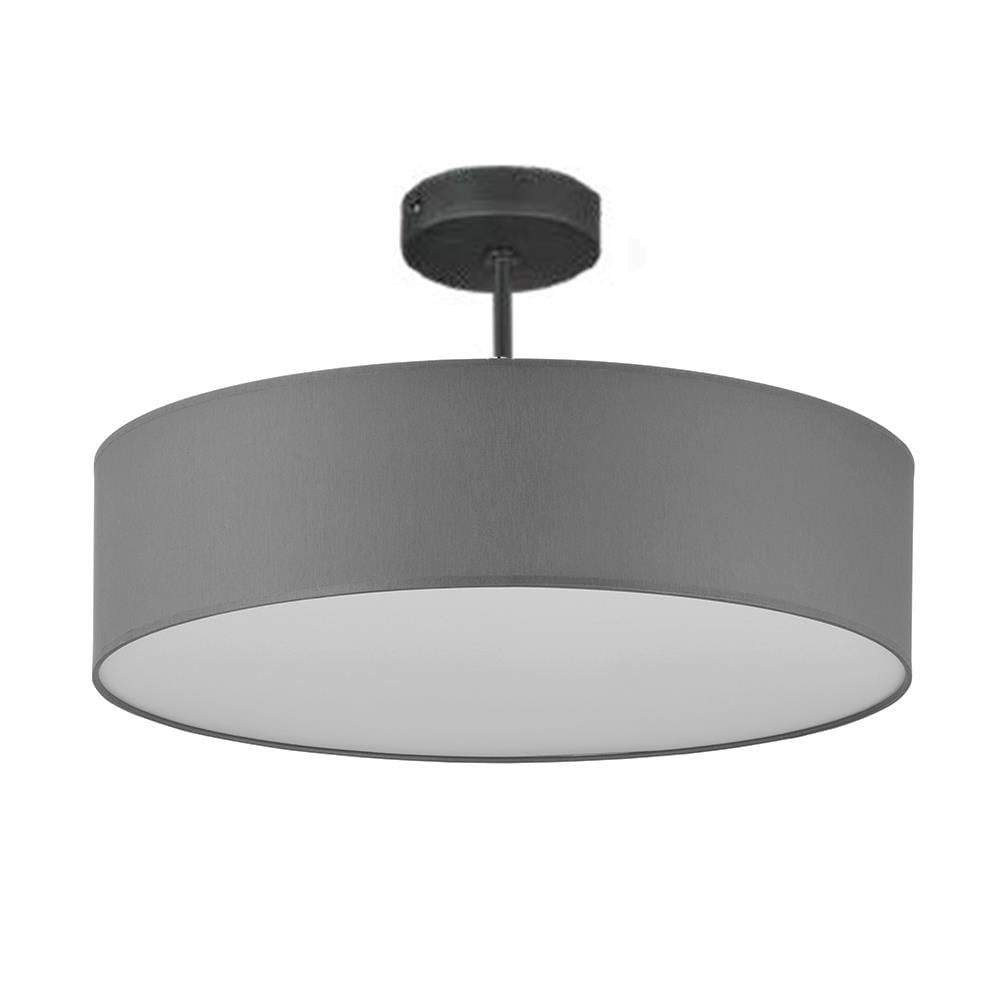 Lampa sufitowa Rondo D60 w kolorze szarym, okrągła, z materiałowym abażurem i białym wnętrzem. Montaż na suficie, widok z dołu, pokazujący prosty, nowoczesny design. Idealna do oświetlenia wnętrz.