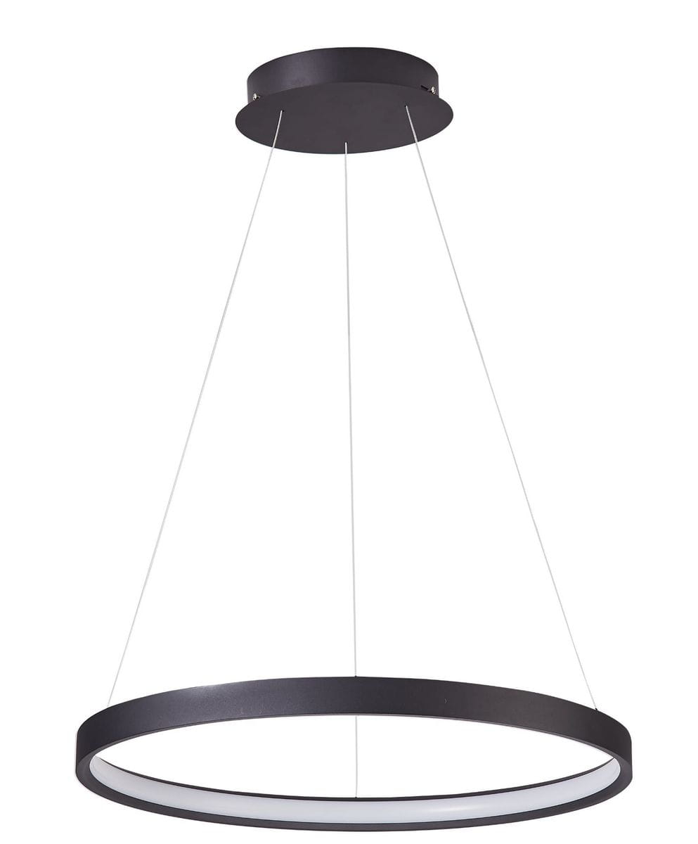 Czarna lampa wisząca Salvadore D80 LED w kształcie okręgu, zawieszona na cienkich linkach. Okrągła podstawa z matowego materiału, z białym źródłem światła wewnątrz. Ujęcie frontalne, ukazujące elegancki design lampy.