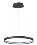 Czarna lampa wisząca Salvadore D80 LED w kształcie okręgu, zawieszona na cienkich linkach. Okrągła podstawa z matowego materiału, z białym źródłem światła wewnątrz. Ujęcie frontalne, ukazujące elegancki design lampy.